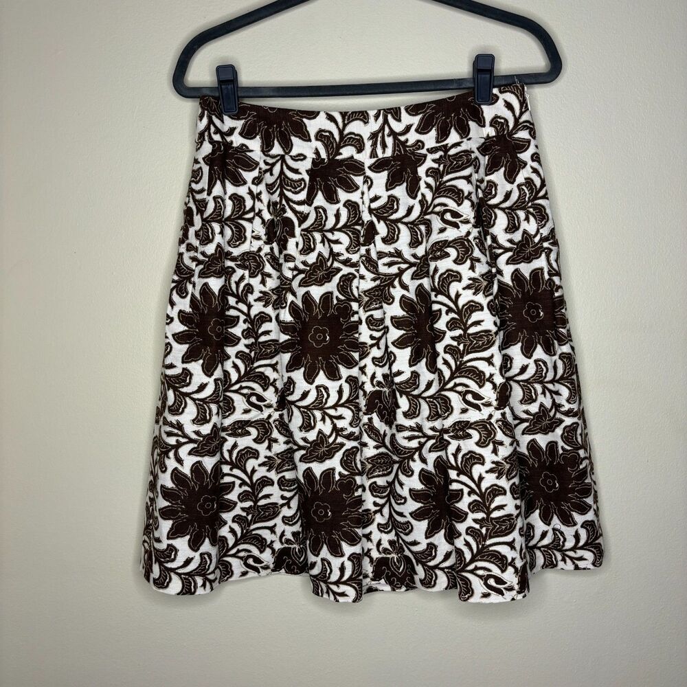 Talbots Womens Linen Blend Pleated Floral Print Skirt White Brown Print Size 6